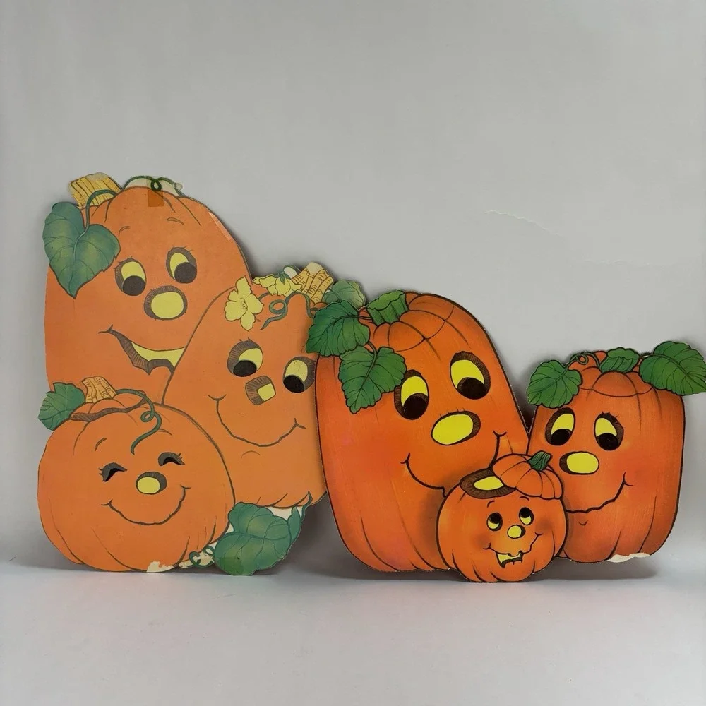 Vintage Flocked Halloween Decorations Pumpkins (2) 1980s Diecut